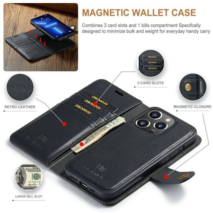 DG.MING For iPhone 14 Pro 6.1 inch 2-in-1 Detachable Cover Magnetic Absorption Stand Flip Folio Split Leather Wallet Case - Black - 5
