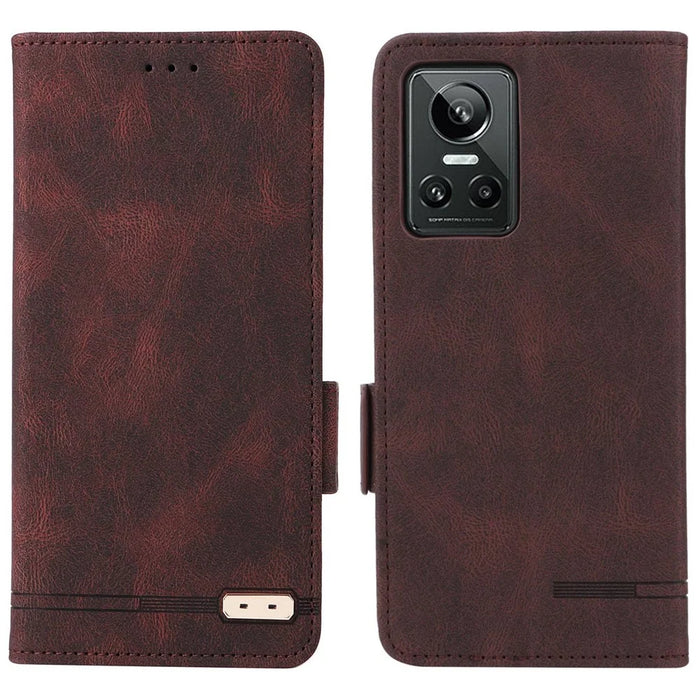 For Realme GT Neo3 Hardware Decor Foldable Stand Phone Wallet Case Double Magnetic Clasps PU Leather Protective Cover - Coffee - 1