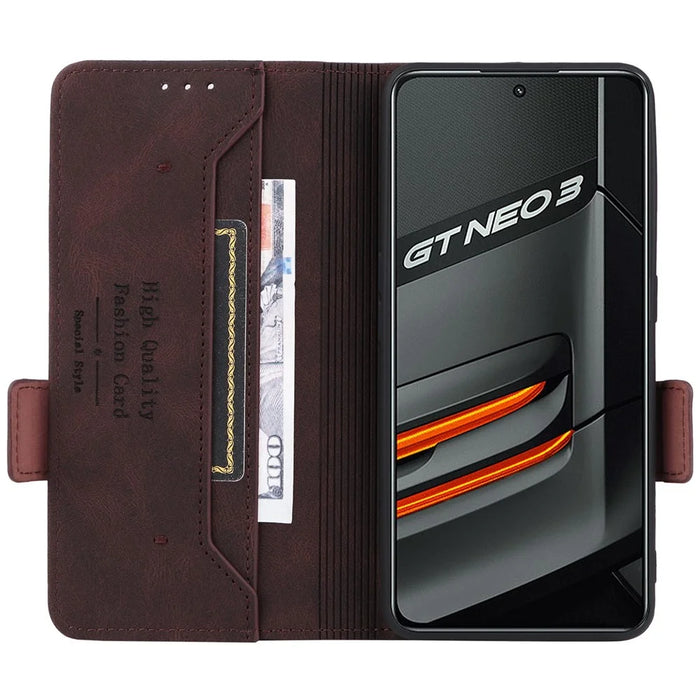 For Realme GT Neo3 Hardware Decor Foldable Stand Phone Wallet Case Double Magnetic Clasps PU Leather Protective Cover - Coffee - 2