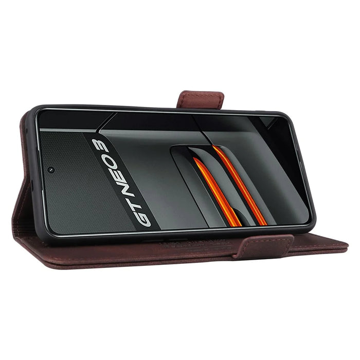 For Realme GT Neo3 Hardware Decor Foldable Stand Phone Wallet Case Double Magnetic Clasps PU Leather Protective Cover - Coffee - 3