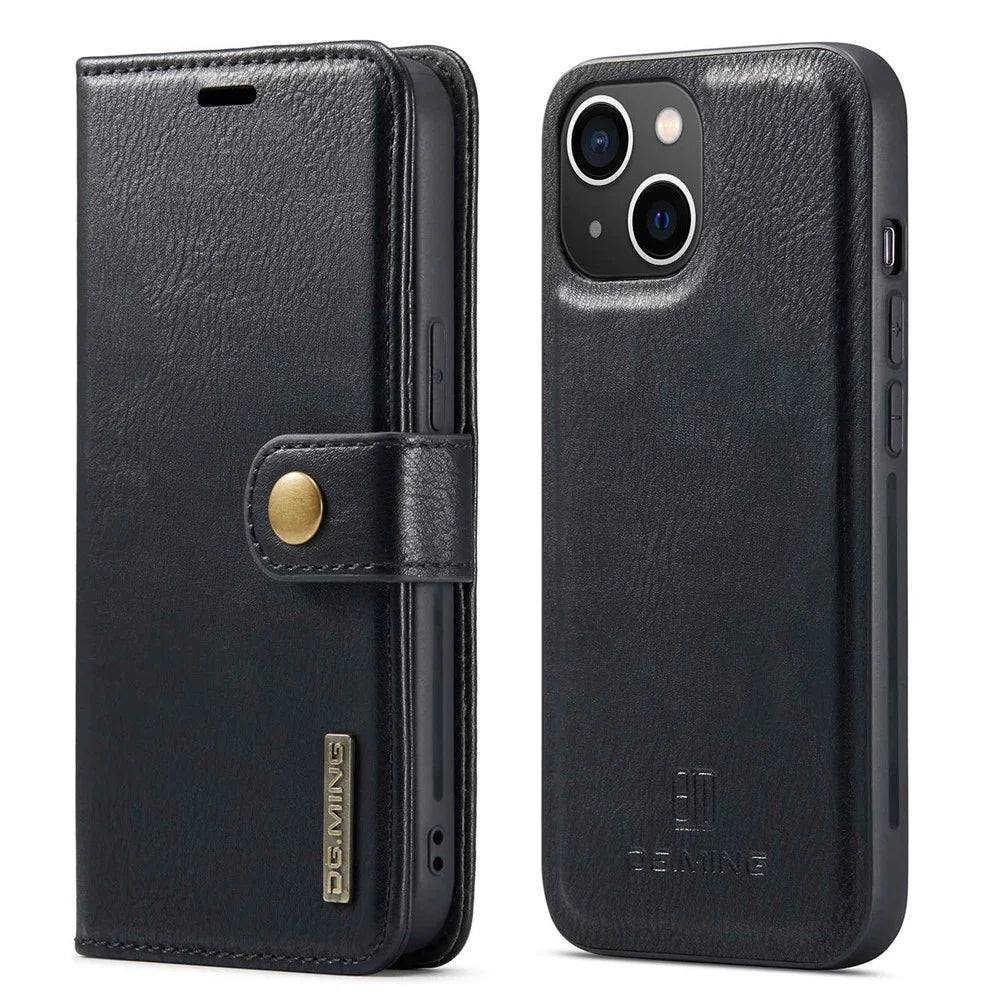 DG.MING For iPhone 14 Plus 6.7 inch Split Leather Magnetic Detachable Flip Case Stand Feature Purse Protection Wallet Cover - Black - 1