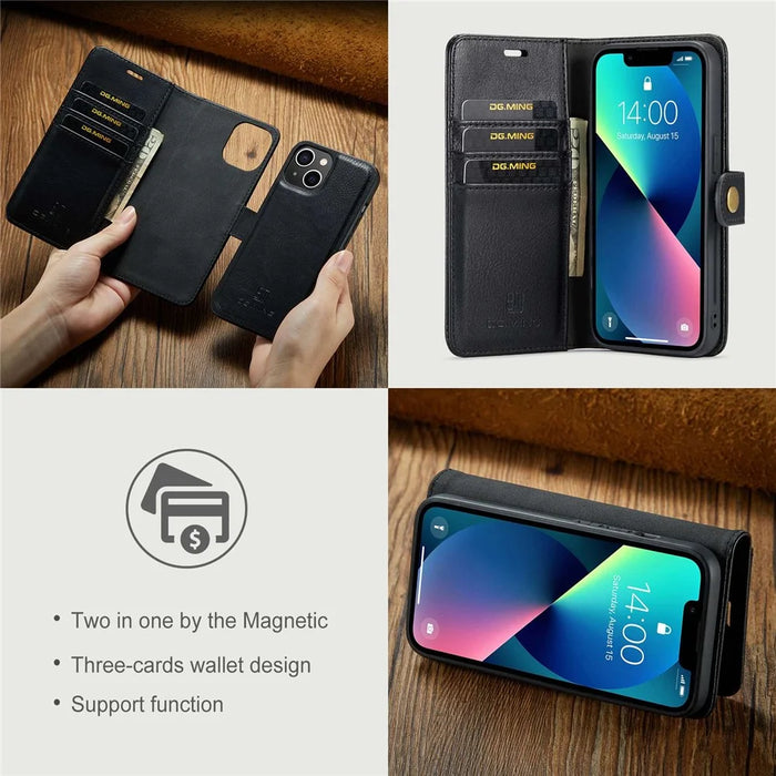 DG.MING For iPhone 14 Plus 6.7 inch Split Leather Magnetic Detachable Flip Case Stand Feature Purse Protection Wallet Cover - Black - 7