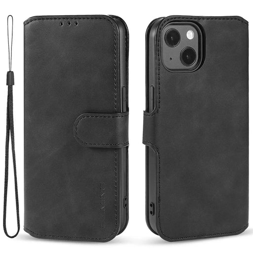 DG.MING For iPhone 14 6.1 inch Retro Style Magnetic Closure Shockproof PU Leather Wallet Phone Case with Stand - Black - 1