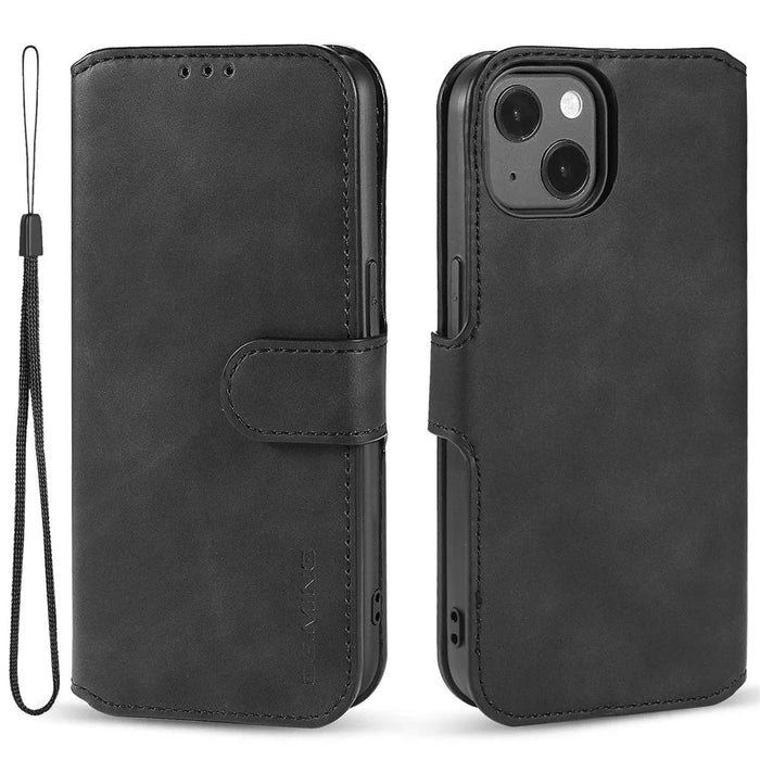 DG.MING For iPhone 14 6.1 inch Retro Style Magnetic Closure Shockproof PU Leather Wallet Phone Case with Stand - Black - 1