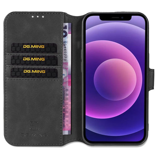 DG.MING For iPhone 14 6.1 inch Retro Style Magnetic Closure Shockproof PU Leather Wallet Phone Case with Stand - Black - 2