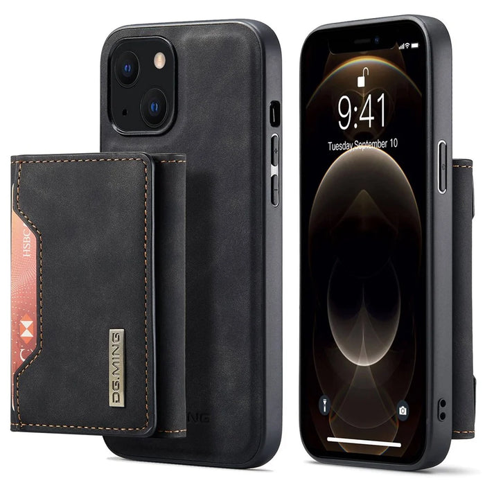 DG.MING M2 Series for iPhone 14 6.1 inch Shockproof Anti-fall Magnetic Absorption Kickstand Design Phone Case with Detachable Wallet - Black - 1