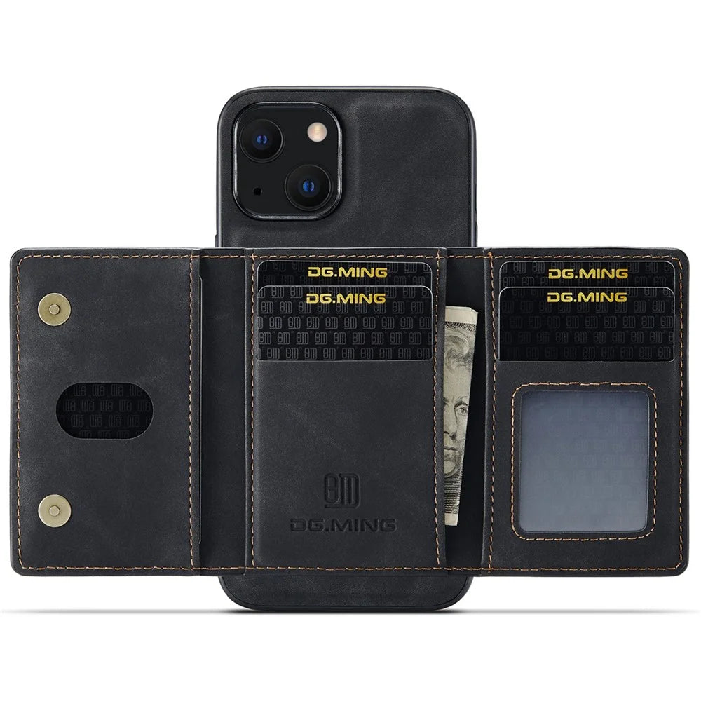 DG.MING M2 Series for iPhone 14 6.1 inch Shockproof Anti-fall Magnetic Absorption Kickstand Design Phone Case with Detachable Wallet - Black - 2