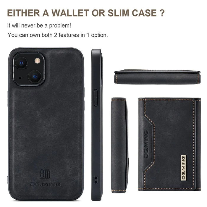 DG.MING M2 Series for iPhone 14 6.1 inch Shockproof Anti-fall Magnetic Absorption Kickstand Design Phone Case with Detachable Wallet - Black - 6