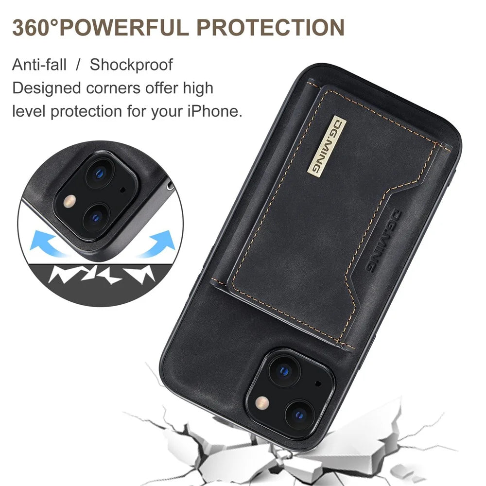 DG.MING M2 Series for iPhone 14 6.1 inch Shockproof Anti-fall Magnetic Absorption Kickstand Design Phone Case with Detachable Wallet - Black - 7