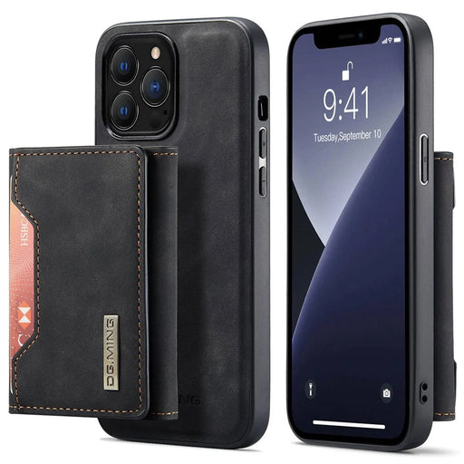 DG.MING M2 Series for iPhone 14 Pro 6.1 inch Scratch-resistant Magnetic Absorption Kickstand Design Mobile Phone Case Cover with Detachable Wallet - Black - 1