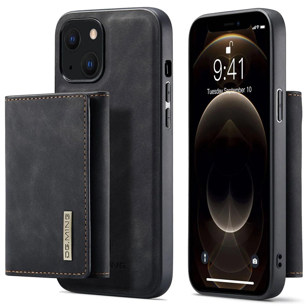 DG.MING M1 Series For iPhone 14 6.1 inch Detachable Magnetic 2-in-1 Wallet Phone Case PC+TPU+PU Leather Well-protected Anti-scratch Cover - Black - 1