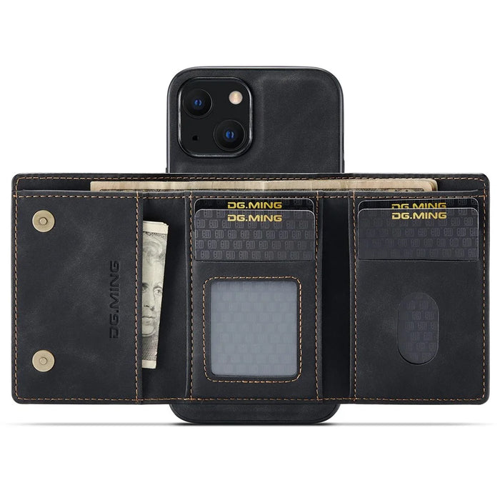 DG.MING M1 Series For iPhone 14 6.1 inch Detachable Magnetic 2-in-1 Wallet Phone Case PC+TPU+PU Leather Well-protected Anti-scratch Cover - Black - 2