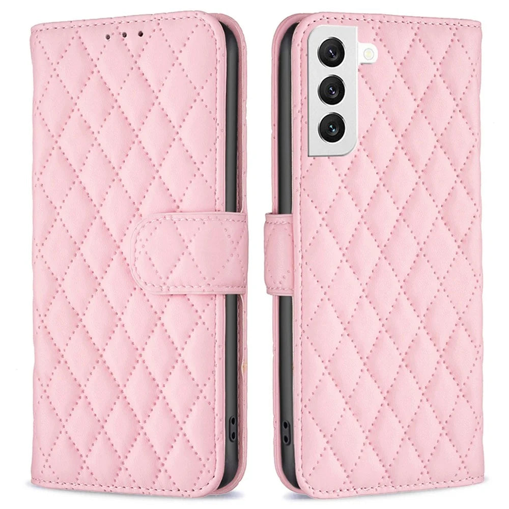 BINFEN COLOR For Samsung Galaxy S22 5G BF Style-14 Imprinted Rhombus Pattern Case Flip Stand Matte PU Leather Wallet Cover - Pink - 1