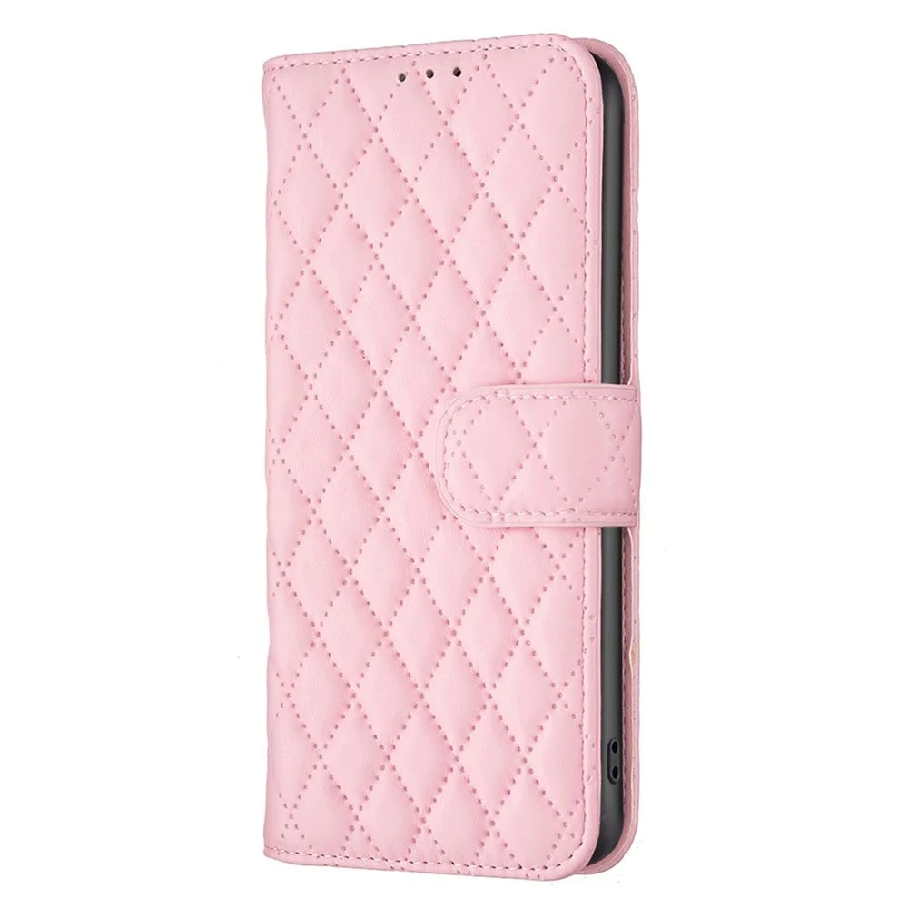 BINFEN COLOR For Samsung Galaxy S22 5G BF Style-14 Imprinted Rhombus Pattern Case Flip Stand Matte PU Leather Wallet Cover - Pink - 6