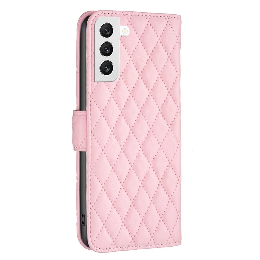 BINFEN COLOR For Samsung Galaxy S22 5G BF Style-14 Imprinted Rhombus Pattern Case Flip Stand Matte PU Leather Wallet Cover - Pink - 7