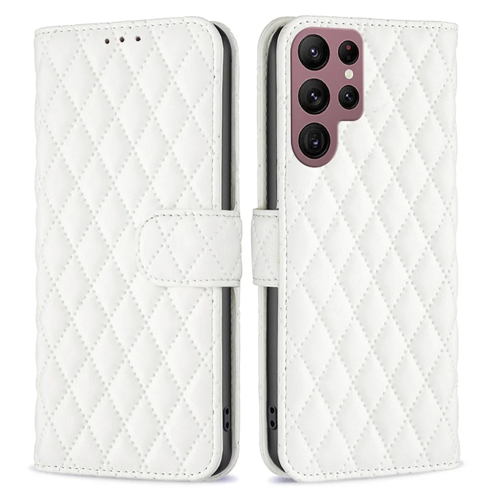 BINFEN COLOR Matte PU Leather Case for Samsung Galaxy S22 Ultra 5G, BF Style-14 Rhombus Pattern Imprinted Wallet Stand Bookstyle Magnetic Cover - White - 1