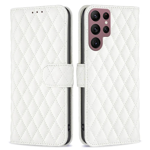 BINFEN COLOR Matte PU Leather Case for Samsung Galaxy S22 Ultra 5G, BF Style-14 Rhombus Pattern Imprinted Wallet Stand Bookstyle Magnetic Cover - White - 1