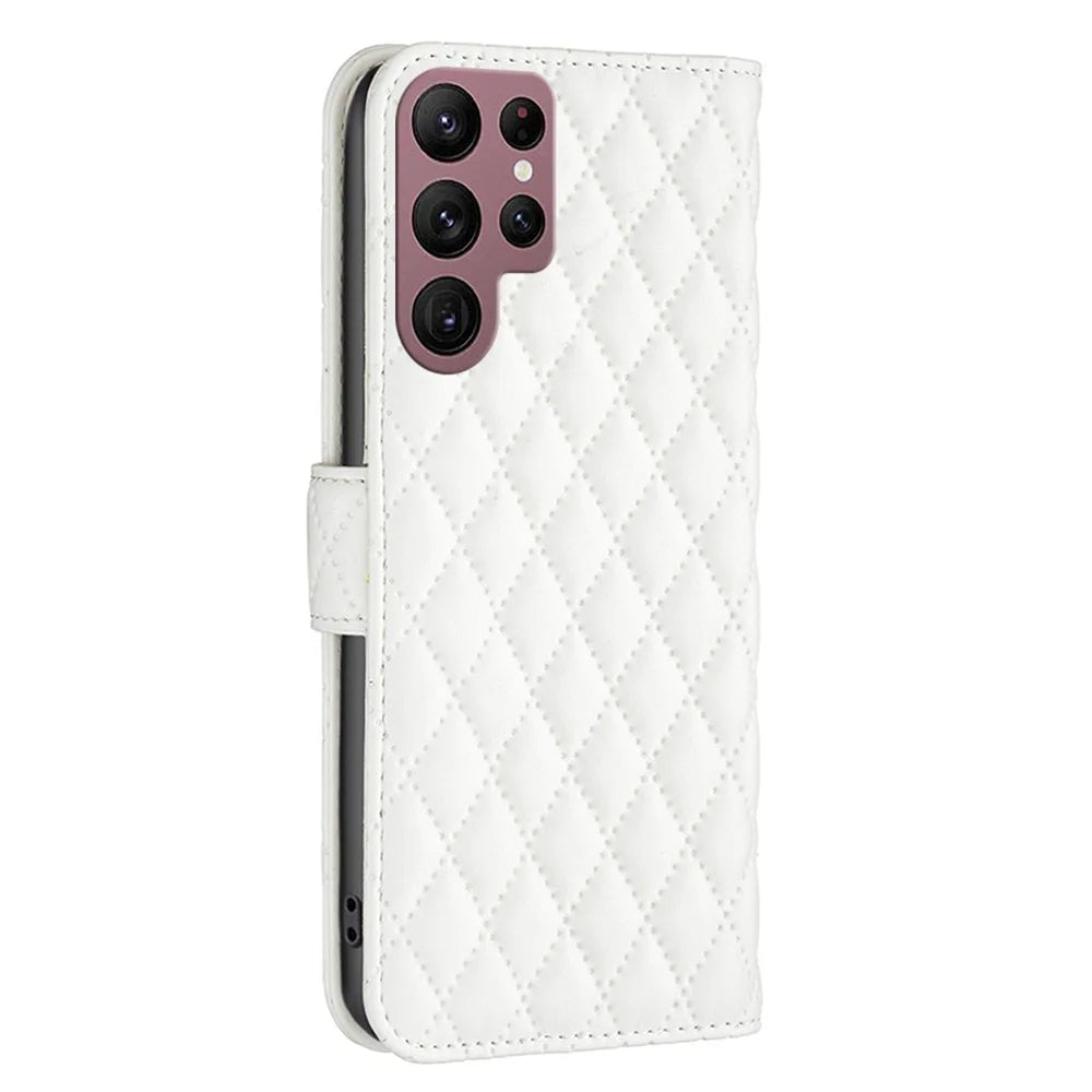 BINFEN COLOR Matte PU Leather Case for Samsung Galaxy S22 Ultra 5G, BF Style-14 Rhombus Pattern Imprinted Wallet Stand Bookstyle Magnetic Cover - White - 7