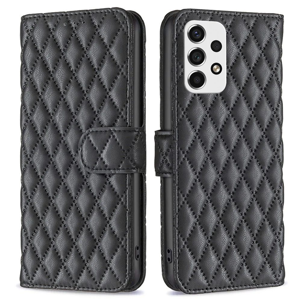 BINFEN COLOR For Samsung Galaxy A53 5G BF Style-14 Imprinted Rhombus Pattern Case Scratch Resistant Stand Matte PU Leather Wallet Cover - Black - 1