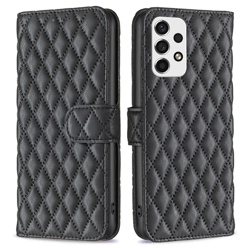 BINFEN COLOR For Samsung Galaxy A53 5G BF Style-14 Imprinted Rhombus Pattern Case Scratch Resistant Stand Matte PU Leather Wallet Cover - Black - 1