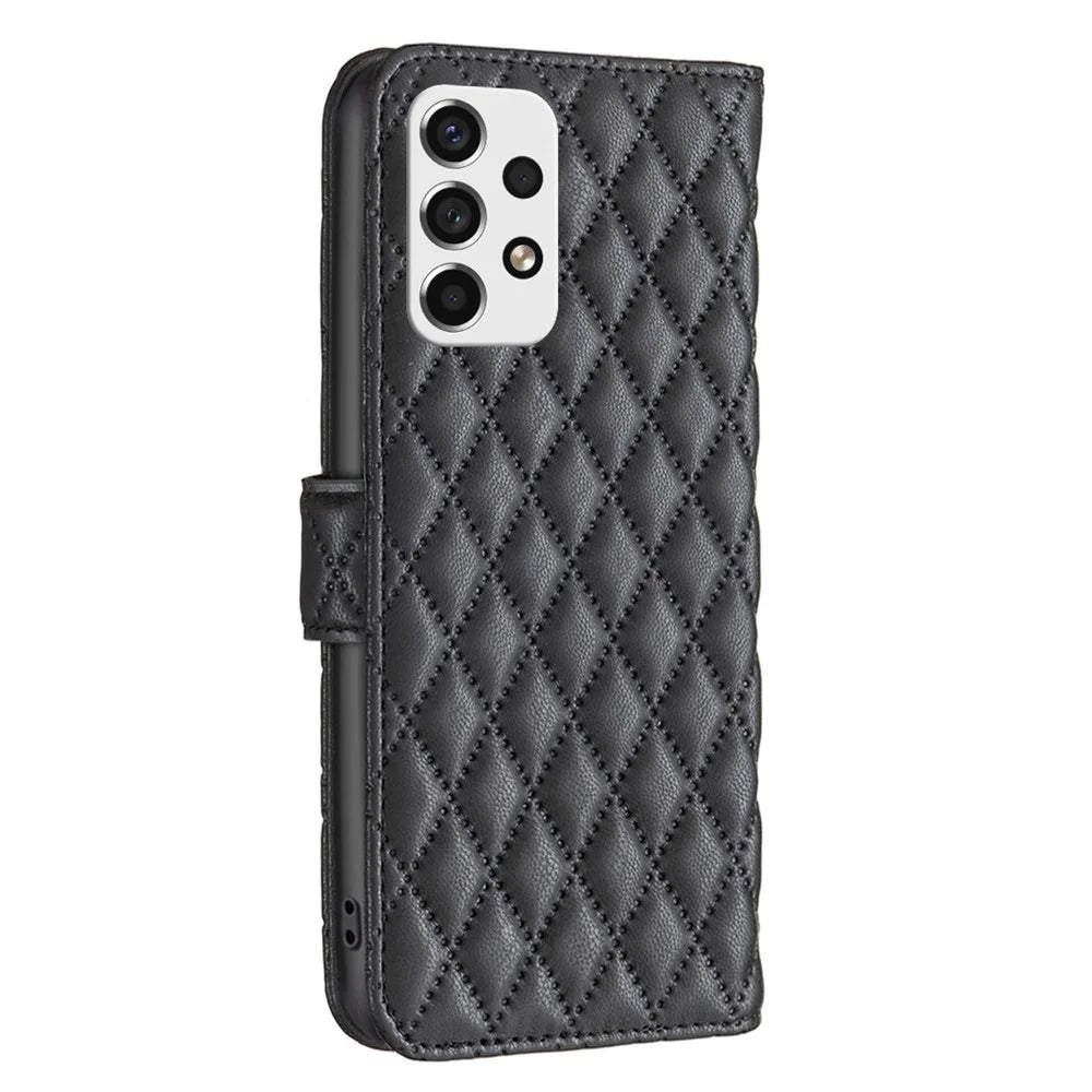 BINFEN COLOR For Samsung Galaxy A53 5G BF Style-14 Imprinted Rhombus Pattern Case Scratch Resistant Stand Matte PU Leather Wallet Cover - Black - 7