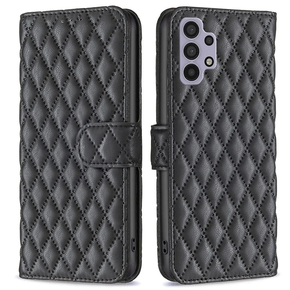 BINFEN COLOR For Samsung Galaxy A32 5G / M32 5G BF Style-14 Imprinted Rhombus Pattern Case Stand Matte PU Leather Wallet Book Style Cover - Black - 1