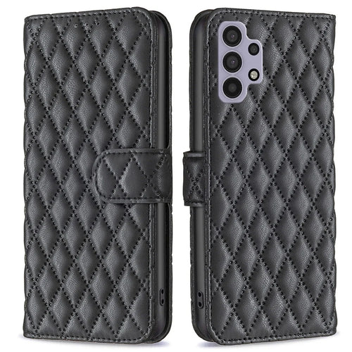 BINFEN COLOR For Samsung Galaxy A32 5G / M32 5G BF Style-14 Imprinted Rhombus Pattern Case Stand Matte PU Leather Wallet Book Style Cover - Black - 1