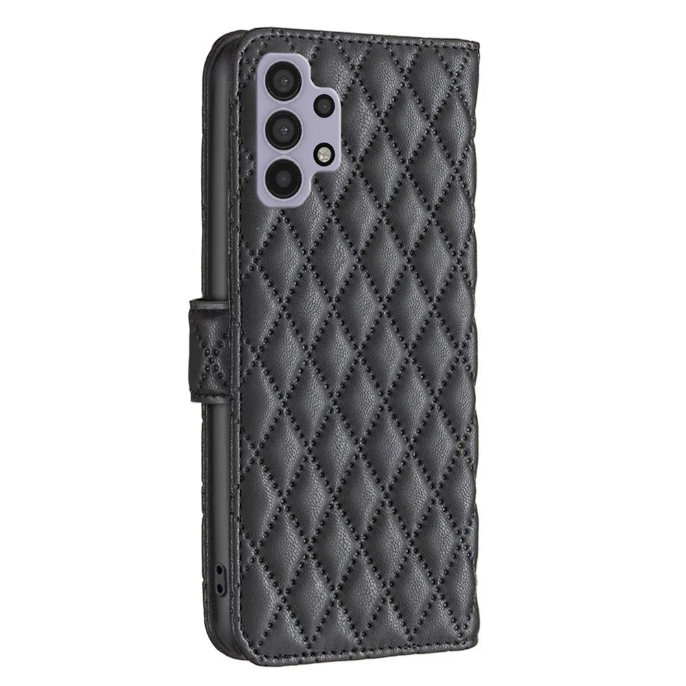 BINFEN COLOR For Samsung Galaxy A32 5G / M32 5G BF Style-14 Imprinted Rhombus Pattern Case Stand Matte PU Leather Wallet Book Style Cover - Black - 7