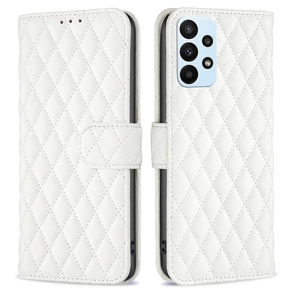 BINFEN COLOR For Samsung Galaxy A23 5G (Global Version) / 4G BF Style-14 Imprinted Rhombus Pattern Case Full Protection Stand Matte PU Leather Wallet Cover - White - 1