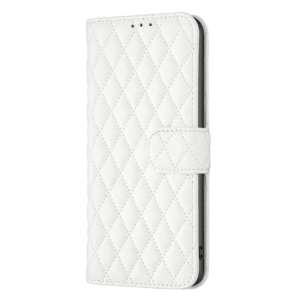 BINFEN COLOR For Samsung Galaxy A23 5G (Global Version) / 4G BF Style-14 Imprinted Rhombus Pattern Case Full Protection Stand Matte PU Leather Wallet Cover - White - 6