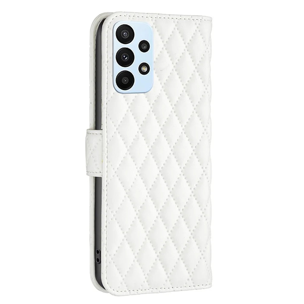 BINFEN COLOR For Samsung Galaxy A23 5G (Global Version) / 4G BF Style-14 Imprinted Rhombus Pattern Case Full Protection Stand Matte PU Leather Wallet Cover - White - 7