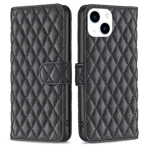BINFEN COLOR For iPhone 14 6.1 inch BF Style-14 Matte PU Leather Imprinted Rhombus Pattern Case Stand Wallet Cover - Black - 1