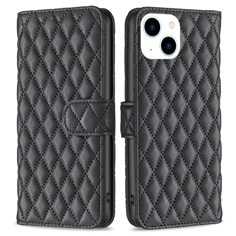 BINFEN COLOR For iPhone 14 6.1 inch BF Style-14 Matte PU Leather Imprinted Rhombus Pattern Case Stand Wallet Cover - Black - 1
