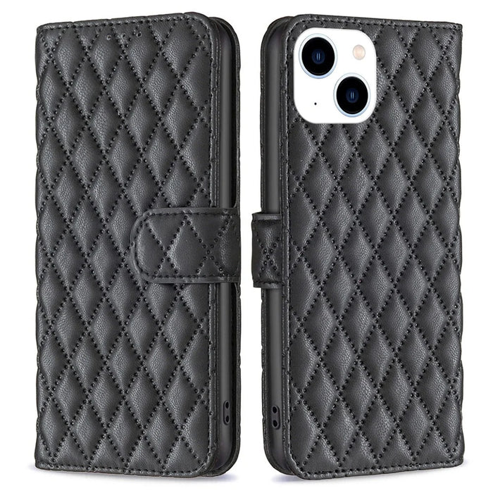 BINFEN COLOR For iPhone 14 6.1 inch BF Style-14 Matte PU Leather Imprinted Rhombus Pattern Case Stand Wallet Cover - Black - 1