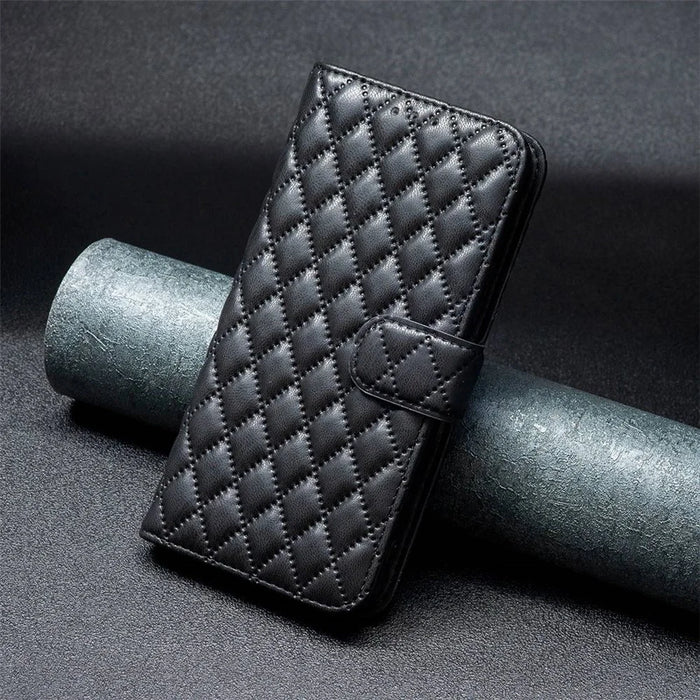 BINFEN COLOR For iPhone 14 6.1 inch BF Style-14 Matte PU Leather Imprinted Rhombus Pattern Case Stand Wallet Cover - Black - 4