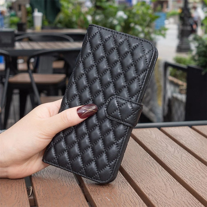 BINFEN COLOR For iPhone 14 6.1 inch BF Style-14 Matte PU Leather Imprinted Rhombus Pattern Case Stand Wallet Cover - Black - 5