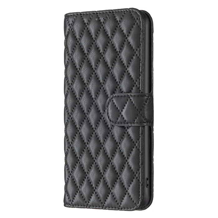 BINFEN COLOR For iPhone 14 6.1 inch BF Style-14 Matte PU Leather Imprinted Rhombus Pattern Case Stand Wallet Cover - Black - 6