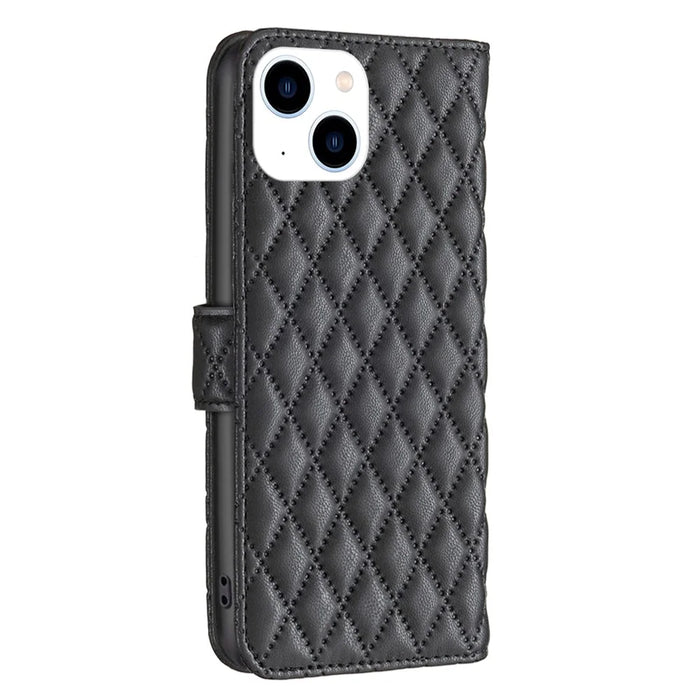 BINFEN COLOR For iPhone 14 6.1 inch BF Style-14 Matte PU Leather Imprinted Rhombus Pattern Case Stand Wallet Cover - Black - 7
