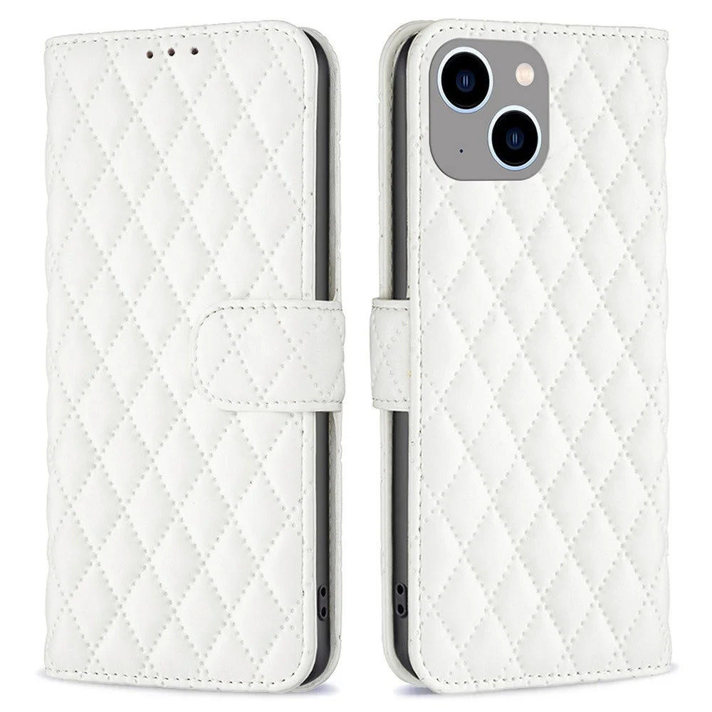 BINFEN COLOR For iPhone 14 Plus 6.7 inch BF Style-14 Matte PU Leather Imprinted Rhombus Pattern Case Adjustable Stand Wallet Cover - White - 1