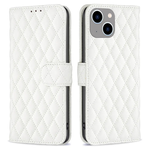 BINFEN COLOR For iPhone 14 Plus 6.7 inch BF Style-14 Matte PU Leather Imprinted Rhombus Pattern Case Adjustable Stand Wallet Cover - White - 1