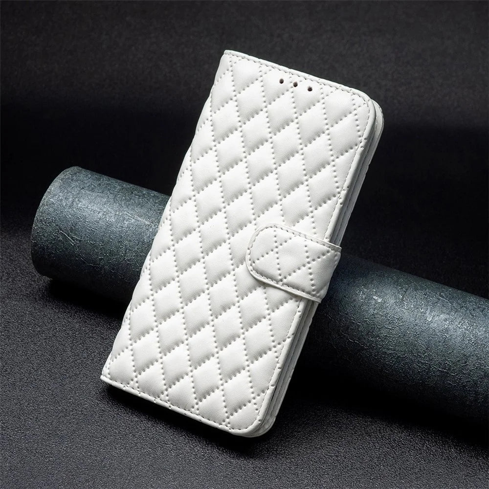 BINFEN COLOR For iPhone 14 Plus 6.7 inch BF Style-14 Matte PU Leather Imprinted Rhombus Pattern Case Adjustable Stand Wallet Cover - White - 4