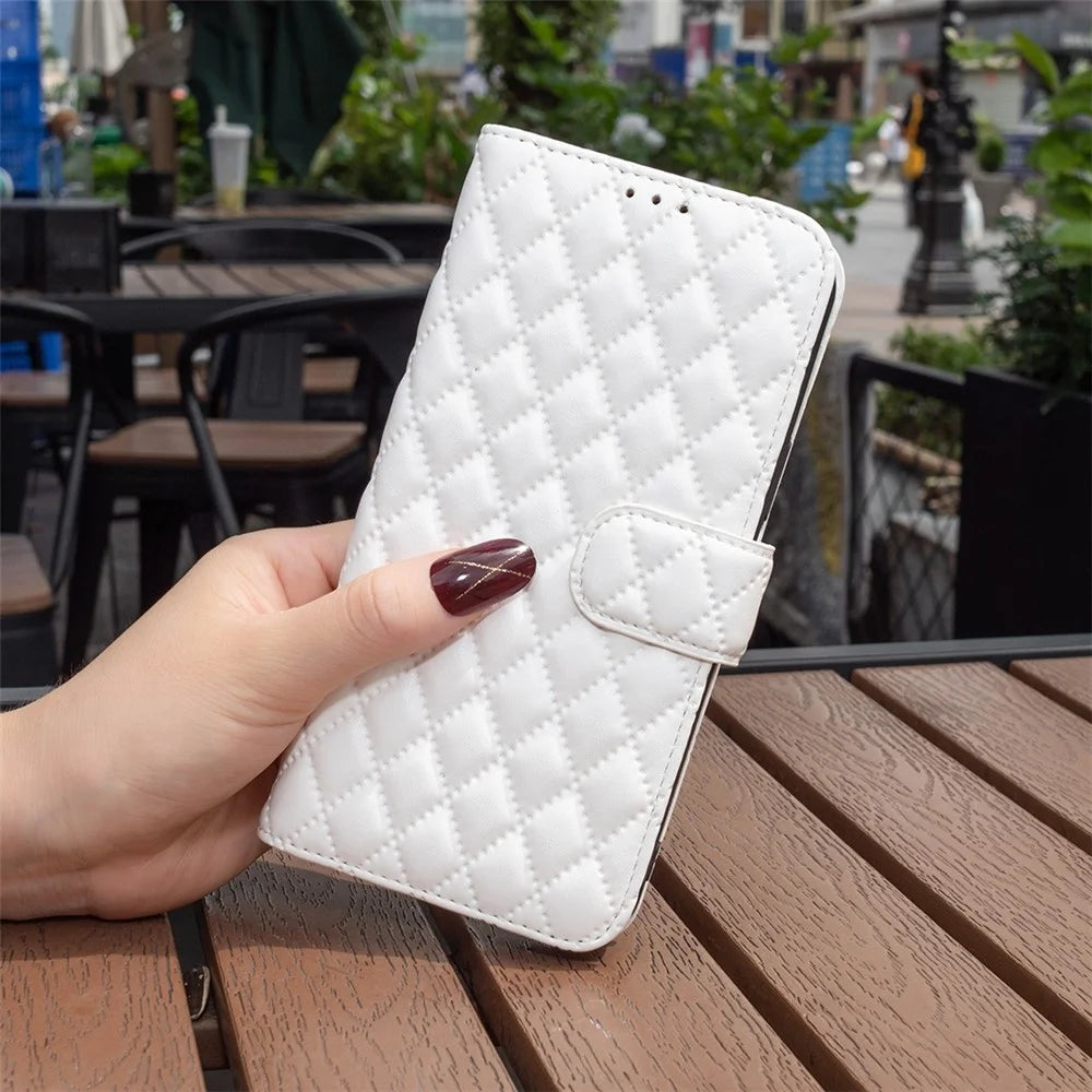 BINFEN COLOR For iPhone 14 Plus 6.7 inch BF Style-14 Matte PU Leather Imprinted Rhombus Pattern Case Adjustable Stand Wallet Cover - White - 5