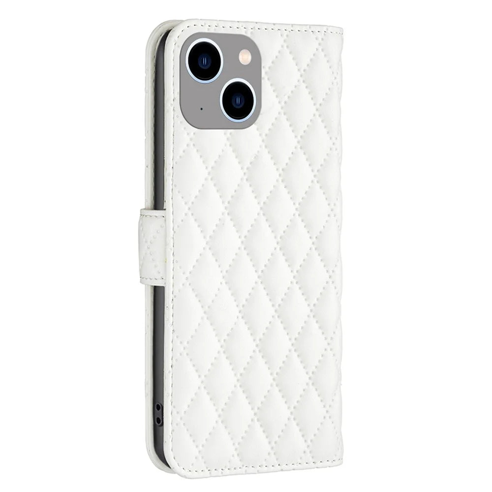 BINFEN COLOR For iPhone 14 Plus 6.7 inch BF Style-14 Matte PU Leather Imprinted Rhombus Pattern Case Adjustable Stand Wallet Cover - White - 7