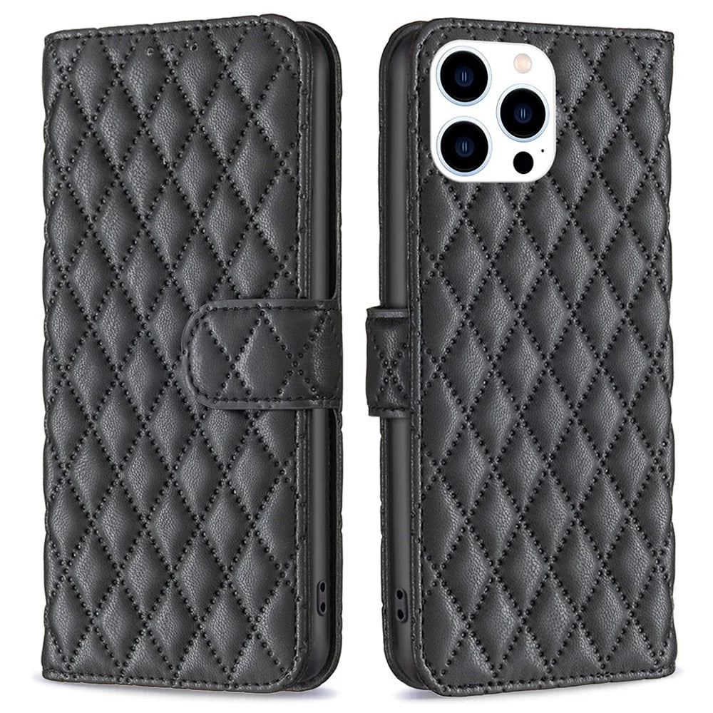 BINFEN COLOR For iPhone 14 Pro 6.1 inch BF Style-14 Matte PU Leather Imprinted Rhombus Pattern Fully Wrapped Case Stand Wallet Cover - Black - 1