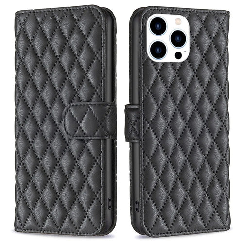 BINFEN COLOR For iPhone 14 Pro 6.1 inch BF Style-14 Matte PU Leather Imprinted Rhombus Pattern Fully Wrapped Case Stand Wallet Cover - Black - 1