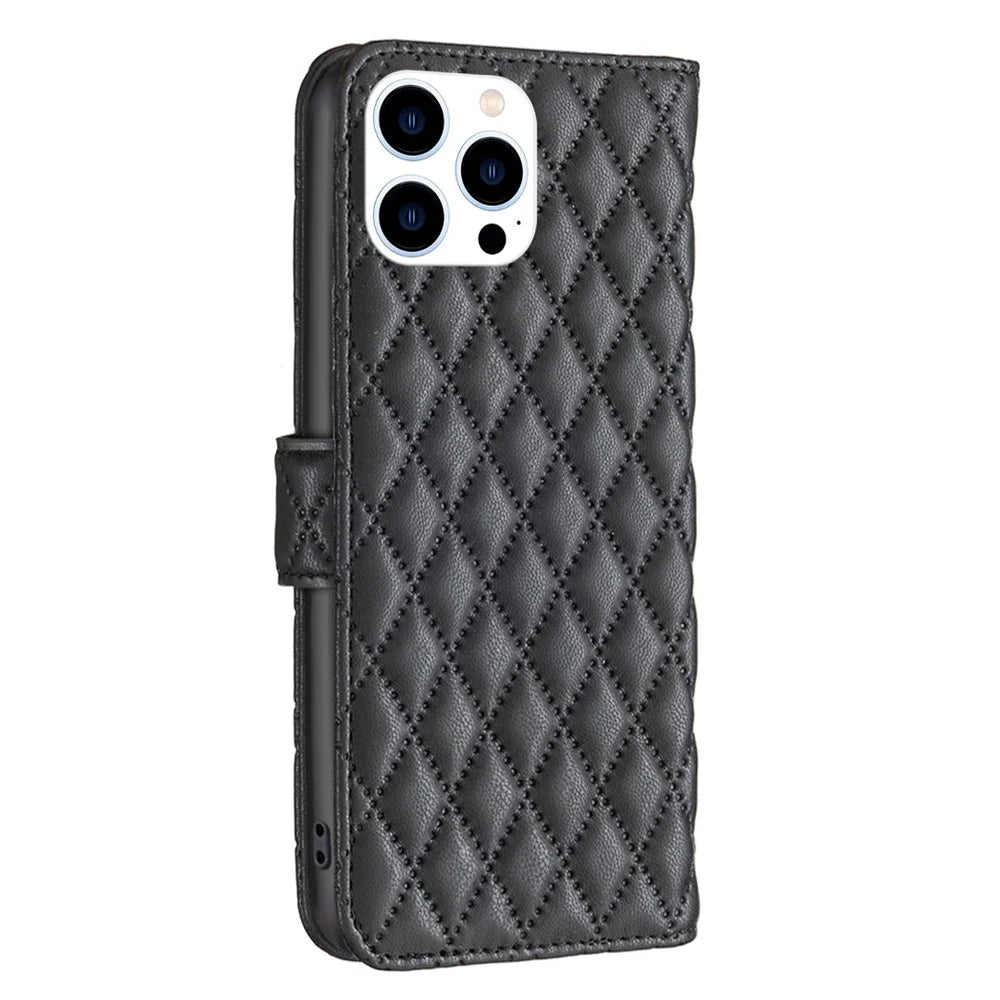 BINFEN COLOR For iPhone 14 Pro 6.1 inch BF Style-14 Matte PU Leather Imprinted Rhombus Pattern Fully Wrapped Case Stand Wallet Cover - Black - 7
