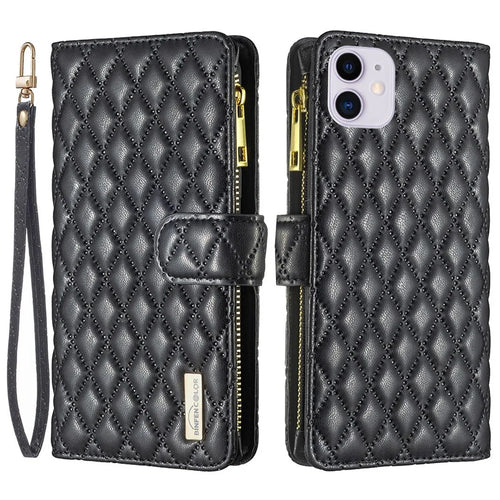 BINFEN COLOR BF Style-15 for iPhone 11 6.1 inch Imprinted Rhombus Pattern Zipper Pocket Design Cover Stand Function Folio Flip Matte PU Leather Phone Case with Wallet - Black - 1