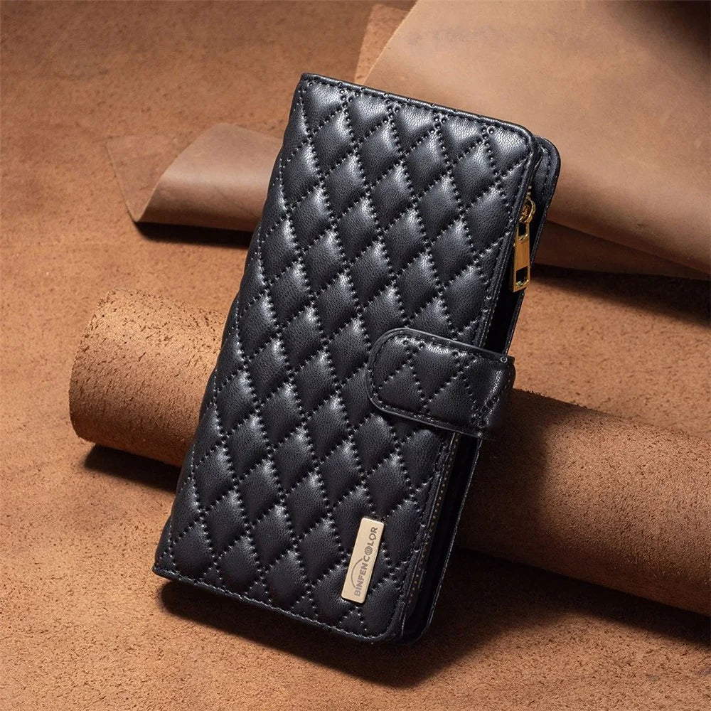 BINFEN COLOR BF Style-15 for iPhone 11 6.1 inch Imprinted Rhombus Pattern Zipper Pocket Design Cover Stand Function Folio Flip Matte PU Leather Phone Case with Wallet - Black - 5