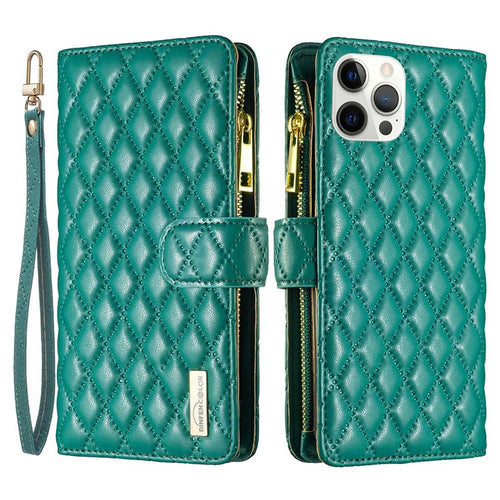 BINFEN COLOR BF Style-15 Cellphone Shell for iPhone 12 Pro Max 6.7 inch, Imprinted Rhombus Pattern Case with Zipper Pocket Stand Matte Full Coverage PU Leather Wallet Cover - Green - 1