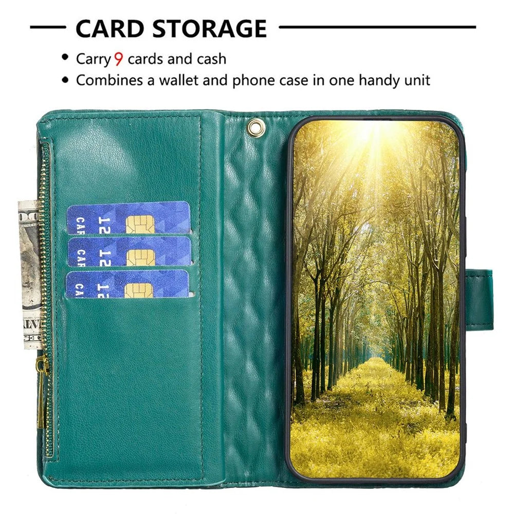 BINFEN COLOR BF Style-15 Cellphone Shell for iPhone 12 Pro Max 6.7 inch, Imprinted Rhombus Pattern Case with Zipper Pocket Stand Matte Full Coverage PU Leather Wallet Cover - Green - 3